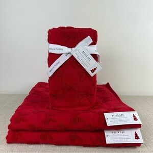 Bella Lux Bathroom Towel Set Christmas Collection Red Bows Cotton Set of 4 NEW
